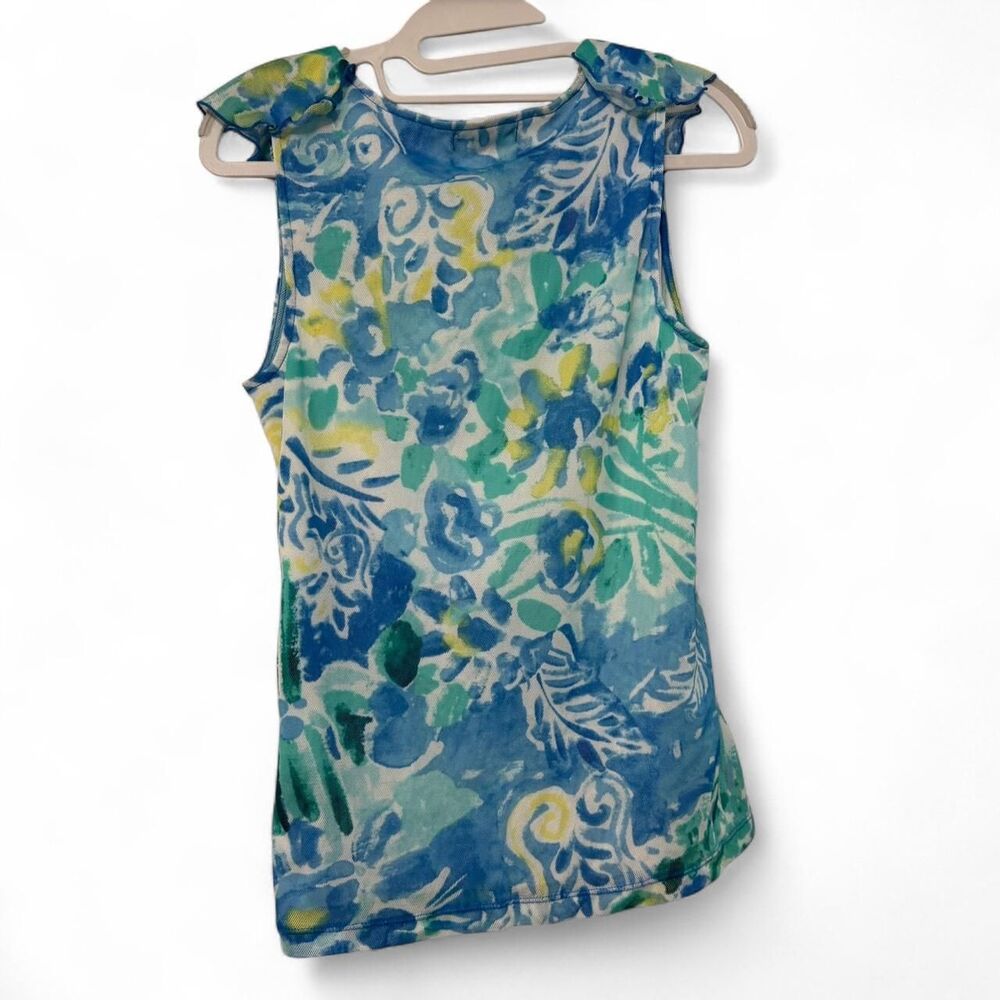 Y2K Chaps Baby Doll Style Blue & Green floral tie dye sleeveless top | Size PL - Picture 8 of 9